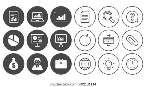 Statistics, accounting icons. Charts, presentation and pie chart signs. Analysis, report and business case symbols. Document, Globe and Clock line signs. Lamp, Magnifier and Paper clip icons. Vector