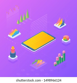 Statistics Analyse Data Information on Mobile phone Smartphone Tablet PC isometric flat design vector illustration