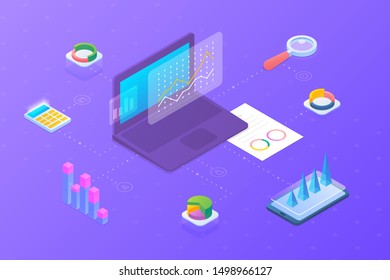 Statistics Analyse Data Information on Laptop Notebook isometric flat design vector illustration