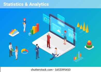 Statistics Analyse Data Information on Laptop Notebook isometric flat design vector illustration