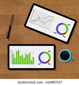 Statistics analysis chart. Analyzing data and review chart on tablet, vector illustration