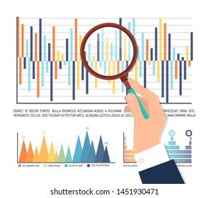 Statistics analysis, hand of man holding magnifying glass scrutinizing results of business project, loupe with handle, flowcharts in color. Process chart. Graph, diagram of earning, advertising