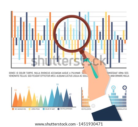 Statistics analysis, hand of man holding magnifying glass scrutinizing results of business project, loupe with handle, flowcharts in color. Process chart. Graph, diagram of earning, advertising