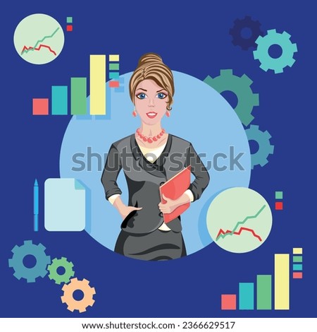 Statistics and analysis are the key to business success, lady, girl, finance, woman, vector flat illustration, office, work, business