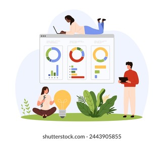Statistics analysis of marketing data and pie charts. Tiny people work with digital graph and diagram on dashboard, characters monitor and research, plan business process cartoon vector illustration