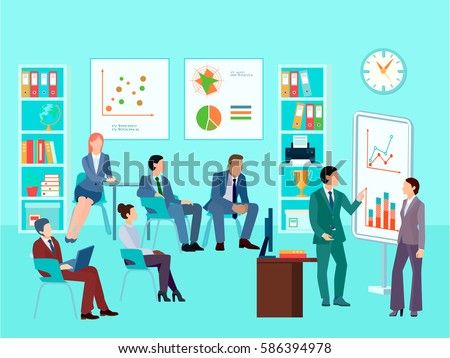 Statistics analytics business worker characters meeting composition with staff working session toolbox talk graphs and diagrams vector illustration