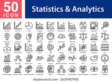 Statistics and Analytics  Collection of Icons with Outline Style Containing: Bar Chart,Line Chart ,Pie Chart,Histogram,Scatter Plot,Upward Trend,Downward Trend,Percentage,Dashboard,Analytics