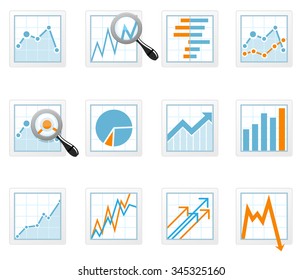 Statistics and analytics data icons with diagrams