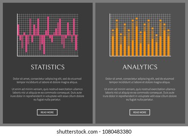 Statistics and analytics pages set and text sample charts and graphical diagrams, buttons and stat and analytical isolated on vector illustration