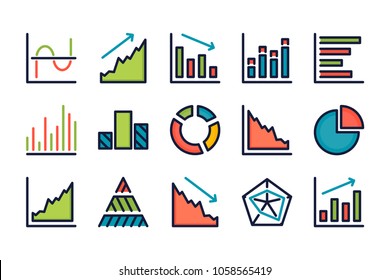 Statistics and Analytics related color line icons. Graph and Chart report icon set.