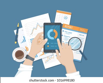 Statistics, Analytics, Report On The Phone Screen. Mobile Services And Applications For Business And Finance. Online Audit. Human Hand With A Phone, Documents, Reports, Calendar, Coffee, Pen. Vector