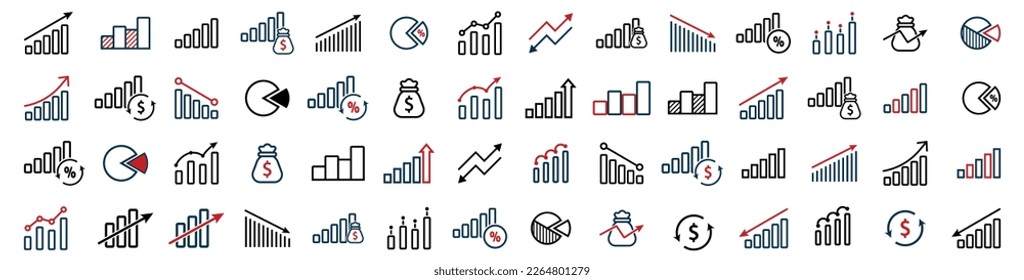 Statistics and analytics vector icon. Graphic, statistic, diagrams, money, down or up arrow. Web icons in line style. Vector illustration.