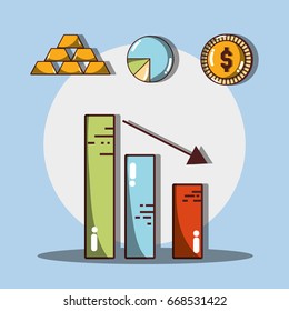statistics with arrow down and gold with coin