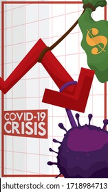 Statistiken Pfeil in einem Kampf zwischen Geldbeutel und Coronavirus, symbolisiert den Kampf zwischen dieser Krankheit und Wirtschaft aufgrund der COVID-19-Krise.