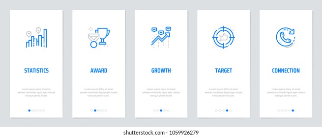 Statistics, Award, Growth, Target, Connection Vertical Cards with strong metaphors. Template for website design.