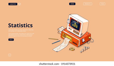 Banner de estadísticas. Servicio de análisis de datos e investigación, información estadística. Página de aterrizaje de vectores con ilustración isométrica del ordenador retro con impresora, gráfico y diagrama en pantalla