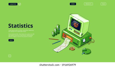 Statistics banner. Service for data analysis and research, statistical information. Vector landing page with isometric illustration of retro computer with printer, graph and diagram on screen