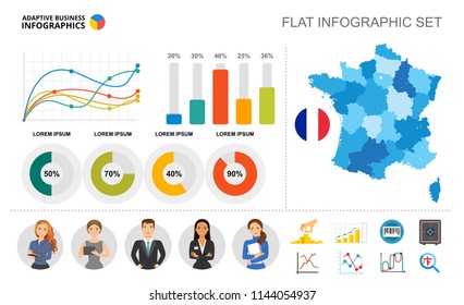 Statistics bar, doughnut and line charts template for presentation. Vector illustration. Diagram, graph, infochart. Review, research, analysis or marketing concept for infographic, report.