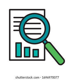 statistics bars in document with magnifying glass line and fill style vector design