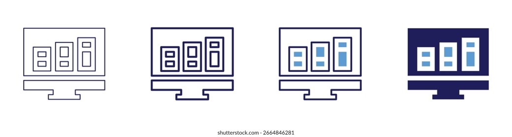 Ícone de noções básicas de estatística em 4 estilos diferentes. Linha Fina, Linha, Linha Negrito, Duotônico. Estilo duotônico. Traçado editável.