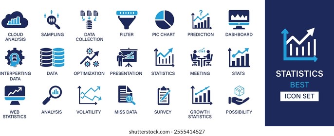 Statistics best solid icon set collection. Cloud analysis, sampling, data collection, filter, pic chart, prediction, dashboard, miss data, analysis, volatility and vector illustration.