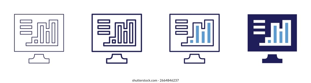 Ícone do blog Estatísticas em 4 estilos diferentes. Linha Fina, Linha, Linha Negrito, Duotônico. Estilo duotônico. Traçado editável.