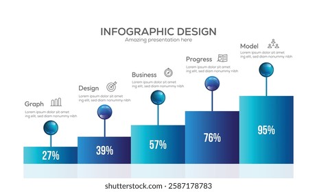 Statistics business 3d graph bar chart. Vector infographic with steps and options. Creative concept with 5 steps. Can be used for workflow layout, diagram, banner, web design.