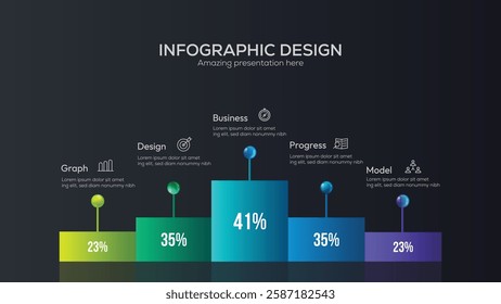 Statistics business 3d graph bar chart. Vector infographic with steps and options. Creative concept with 5 steps. Can be used for workflow layout, diagram, banner, web design.
