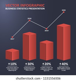 Statistics business diagram with 3d bar chart and point graph. Statistical infographic with steps and progress in percent. Vector illustration.