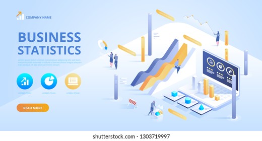 Statistics and business statement. Financial administration concept. Consulting for company performance, analysis concept. Isometric infographics for banner or business hero images.