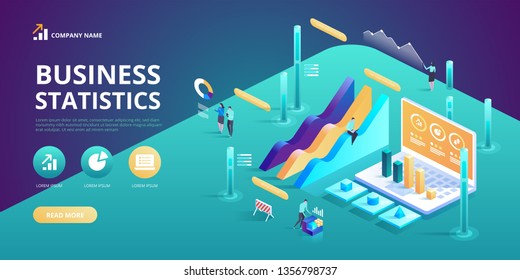 Statistics and business statement. Financial administration concept. Consulting for company performance, analysis concept. Isometric infographics for banner or business hero images.
