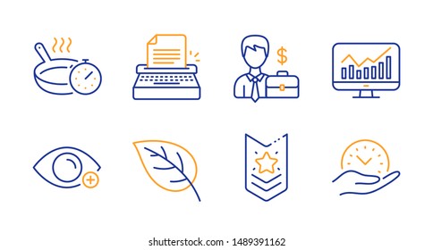 Statistics, Businessman case and Leaf line icons set. Typewriter, Frying pan and Shoulder strap signs. Farsightedness, Safe time symbols. Financial report, Human resources. Business set. Vector