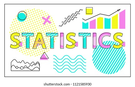 Statistics card with charts and graphs collection, vector illustration isolated on white backdrop statistical data and set of varied geometric figures