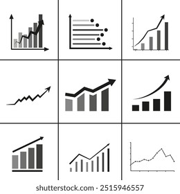 Estatísticas e dados do gráfico com uma seta para baixo ou para cima. Um conjunto de gráficos de mergulho e picos. EPS 10.