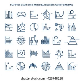 Statistics chart icons and linear business market diagrams. Bar and pie, area and pyramid. Vector illustration