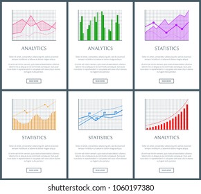 Statistics charts and analytics color diagrams set, text sample and push buttons vector illustration, flags and grids, curved diagrams, colorful plots