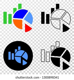 Statistics charts EPS vector pictograph with contour, black and colored versions. Illustration style is flat iconic symbol on chess transparent background.