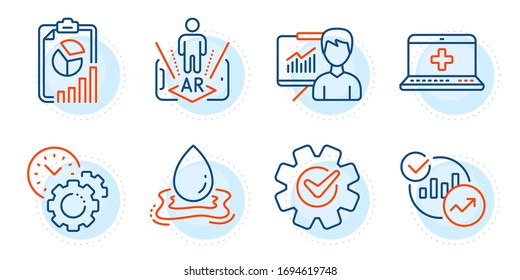 Statistics, Cogwheel And Water Splash Signs. Augmented Reality, Report And Time Management Line Icons Set. Presentation, Medical Help Symbols. Phone Simulation, Presentation Chart. Vector