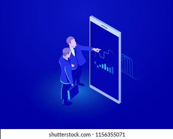 Statistics collection, two businessmen discuss reporting, electronic report on mobile device, mobile phone, information chart and chart isometric vector illustration