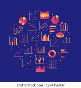 Statistics color round icon. Set of linear web elements. Simple Graphic, Pie Chart, Column Chart. Thin line circle. Vector illustration