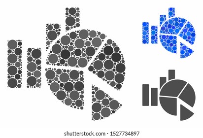 Statistics composition of filled circles in variable sizes and color hues, based on statistics icon. Vector filled circles are organized into blue illustration.