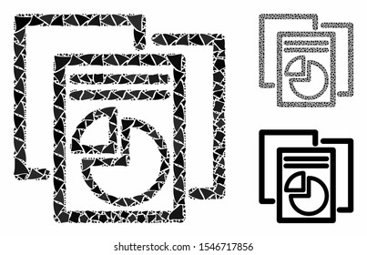 Statistics composition of raggy pieces in various sizes and shades, based on statistics icon. Vector inequal pieces are composed into collage. Statistics icons collage with dotted pattern.