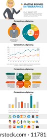 Statistics and consulting concept infographic charts set. Business bar, line and pie charts for presentation slide templates. For corporate report, advertising, leaflet layout and poster design.