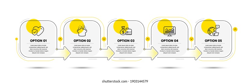 Iconos de línea de estadísticas, sombrero de cocina y sueldo. Diagrama de flujo del proceso de línea de tiempo. Signo de seguro de vida. Informe financiero, Chef, Diplomático con bolsa de dinero. Cobertura del riesgo. Conjunto de negocios. Vector