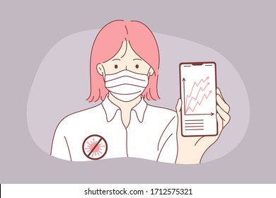 Statistics, coronavirus, danger growth concept. Young woman girl with medical face mask showing covid2019 infection increase on smartphone display. 2019ncov epidemic and desease spreading illustration