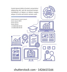 Statistics course article page vector template. Metrics tools, data analytics classes. Brochure  design element with linear icons and text boxes. Print design. Concept illustrations with text space