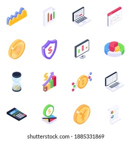 
Estadísticas y tecnología de criptodivisa Isometric Iconos 