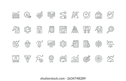 Statistics and dashboard charts, data report research for investment thin black outline symbols vector illustration. Key Performance Indicators, metrics analysis by analyst line icon set.