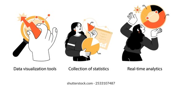 Estadísticas, análisis de datos y procesos de negocio de auditoría - conjunto de ilustraciones de concepto de negocio. Colección de historias visuales.