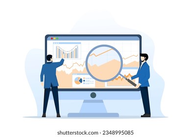 statistics and data analysis concept, business finance investment with business team working on monitor chart dashboard, data analytics, dashboard, flat vector design on white background.